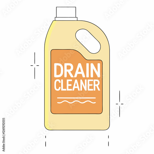 Yellow plastic drain cleaner bottle with bold orange label. Clean design elements suggest freshness and effectiveness. Concept: Plumbing supplies, cleaning products.