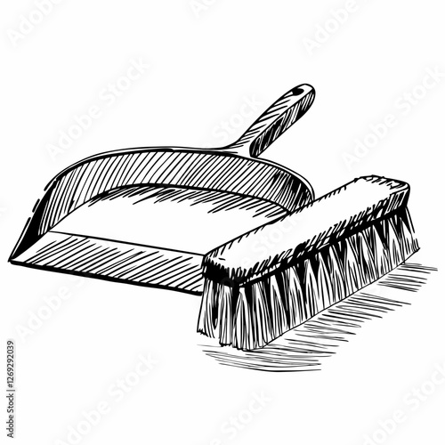 Vintage-style dustpan and brush illustration with detailed hatching creates texture and depth. Simple cleaning tools evoke nostalgia. Concept: Home cleaning services, housekeeping, vintage decor.