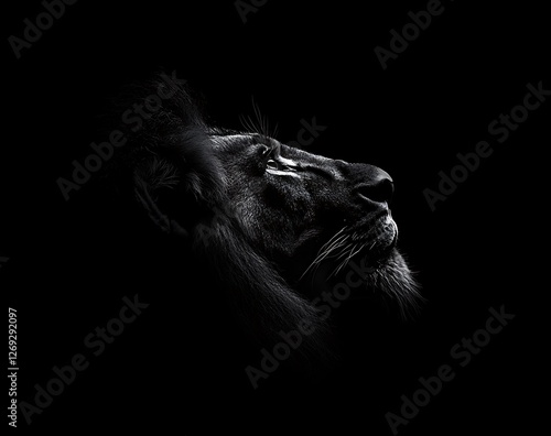 Dramatic portrait of a majestic lion in black and white its head tilted back in a powerful roar against a stark black background capturing the raw emotion and untamed spirit of the king of the jungle
