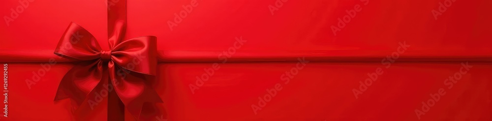 A red ribbon with a bow tied at the end of a pole on a crimson background, gift wrap, red color A red ribbon with a bow tied at the end of a pole on a crimson background, gift wrap, red color