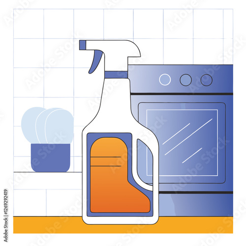 White cleaning spray bottle with orange liquid stands ready near built-in oven. Modern minimalist kitchen setting with blue appliances and white tile backdrop. Concept: Home cleaning services, kitchen