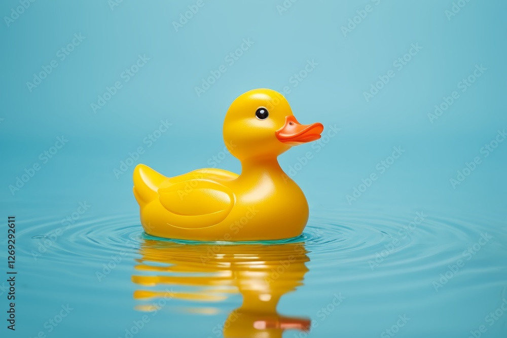 yellow rubber duck floating in water with ripples on blue background yellow rubber duck floating in water with ripples on blue background