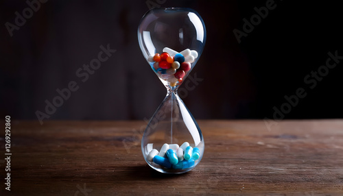 A close-up of an hourglass filled with vibrant blue, red, and white pills instead of sand on a dark wooden surface, —symbolizing a severe medicine shortage