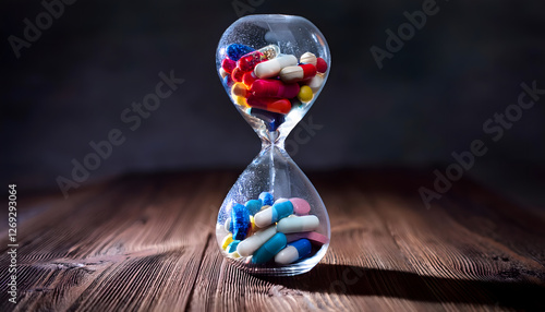 A close-up of an hourglass filled with vibrant blue, red, and white pills instead of sand on a dark wooden surface, —symbolizing a severe medicine shortage
