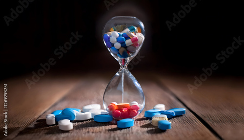 A close-up of an hourglass filled with vibrant blue, red, and white pills instead of sand on a dark wooden surface, —symbolizing a severe medicine shortage