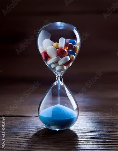 A close-up of an hourglass filled with vibrant blue, red, and white pills instead of sand on a dark wooden surface, —symbolizing a severe medicine shortage