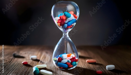 A close-up of an hourglass filled with vibrant blue, red, and white pills instead of sand on a dark wooden surface, —symbolizing a severe medicine shortage
