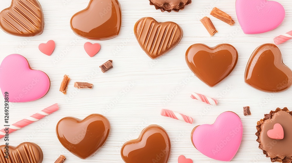 Assorted Chocolate Hearts and Candy on White Wooden Background Assorted Chocolate Hearts and Candy on White Wooden Background