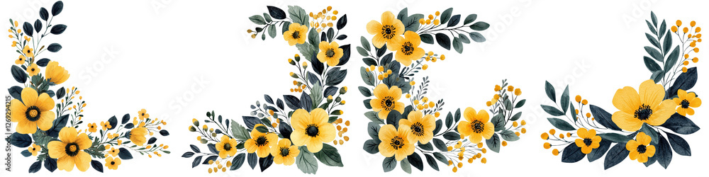 Elegant yellow floral ornaments and botanical decorative patterns with leaves petals and blooms in a luxurious vintage inspired design perfect for greeting cards invitations Elegant yellow floral ornaments and botanical decorative patterns with leaves petals and blooms in a luxurious vintage inspired design perfect for greeting cards invitations