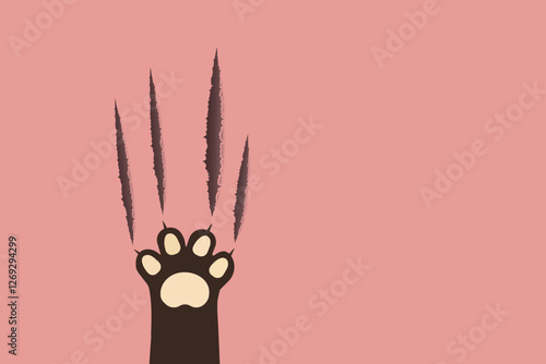 Cute cat paw with part of the cat’s hand and scratch marks on a pink background