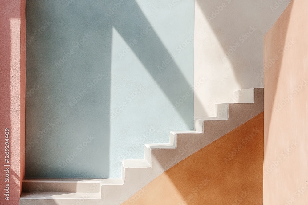 Colorful geometric staircase design featuring soft pastel walls and dynamic shadows Colorful geometric staircase design featuring soft pastel walls and dynamic shadows