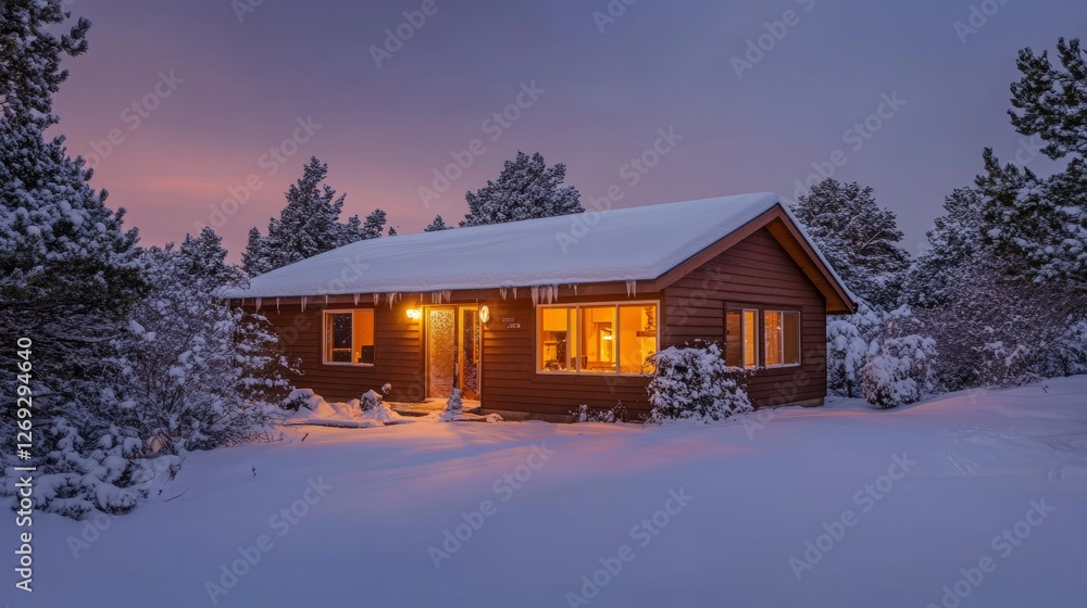 Cozy Cabin Glow Amidst Twilight and Snowy Surroundings Cozy Cabin Glow Amidst Twilight and Snowy Surroundings