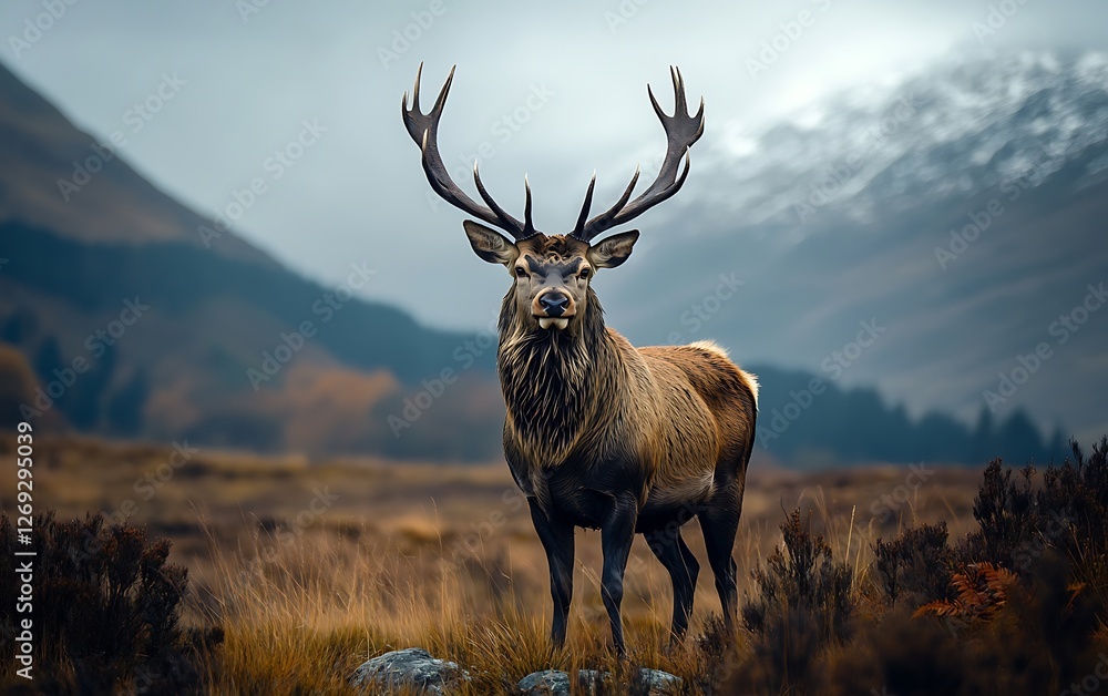 Fototapeta premium Majestic red deer stag standing proudly amidst the rugged Scottish Highlands with its impressive antlers on display against a misty mountain backdrop evoking a sense of wild beauty and nature's grande