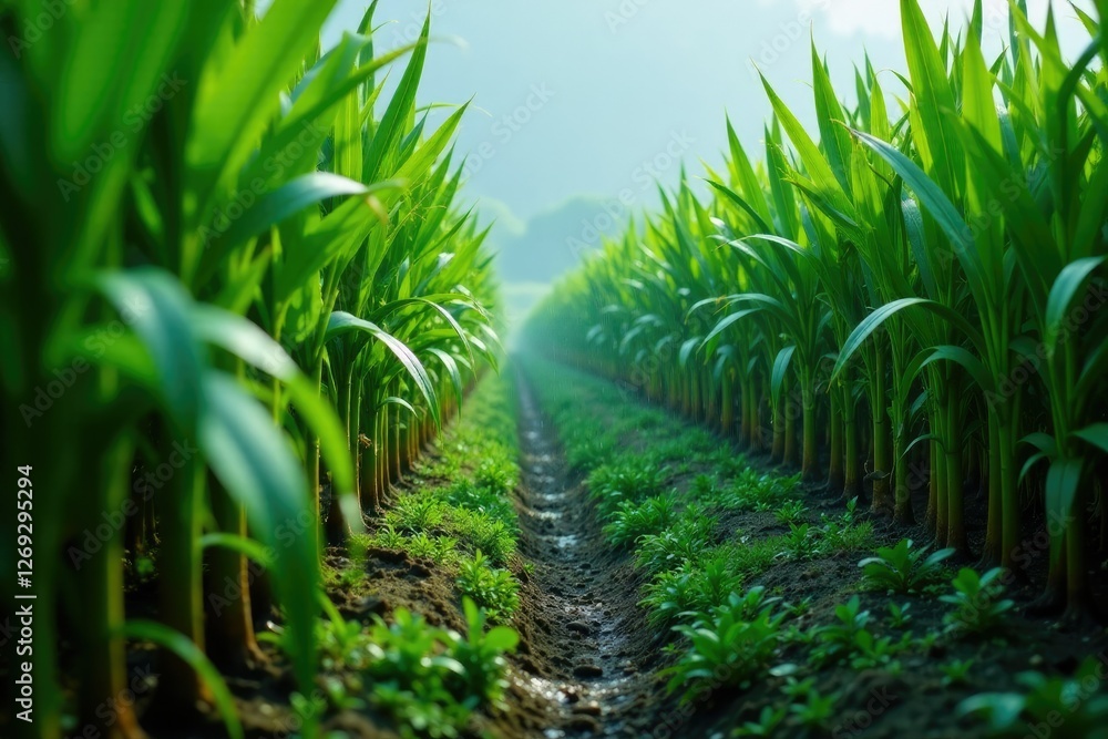 Rain pours down on a lush green sugar cane plantation, water droplets, farm life, weather Rain pours down on a lush green sugar cane plantation, water droplets, farm life, weather