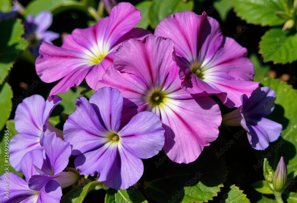 A picturesque violet bush covered in multicolored petals A picturesque violet bush covered in multicolored petals