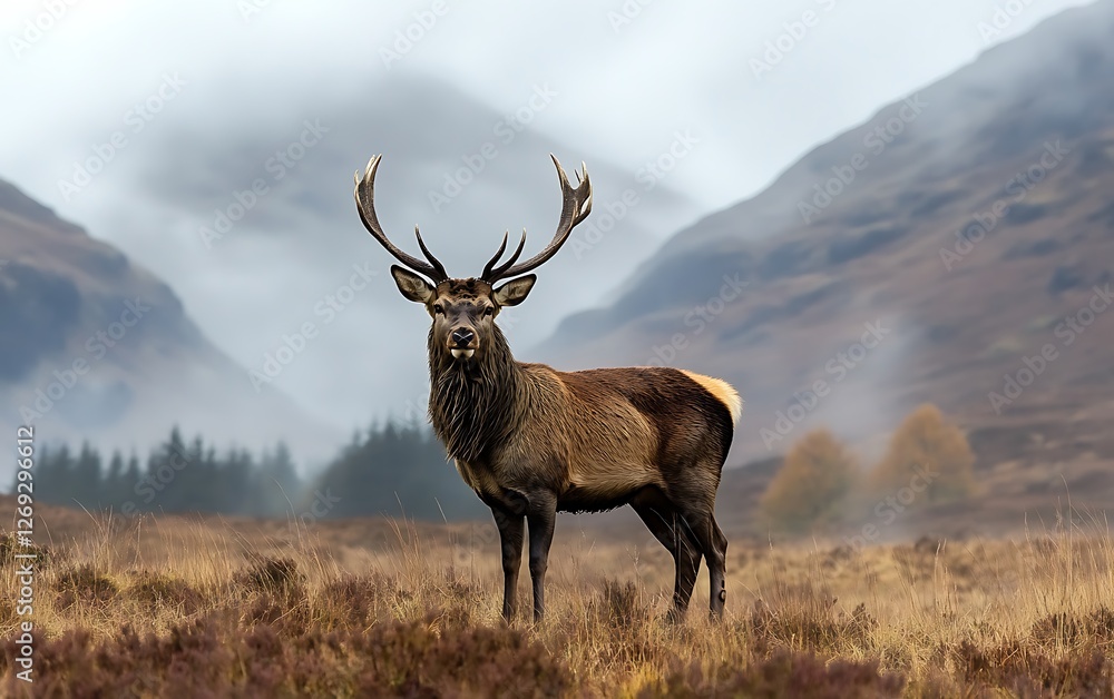 Fototapeta premium Majestic red deer stag standing proudly amidst the rugged Scottish Highlands with its impressive antlers on display against a misty mountain backdrop evoking a sense of wild beauty and nature's grande