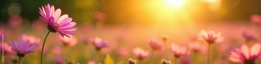Soft yellow sun shines down on delicate pink daisies, their petals gently swaying in the breeze, flowers, serene Soft yellow sun shines down on delicate pink daisies, their petals gently swaying in the breeze, flowers, serene