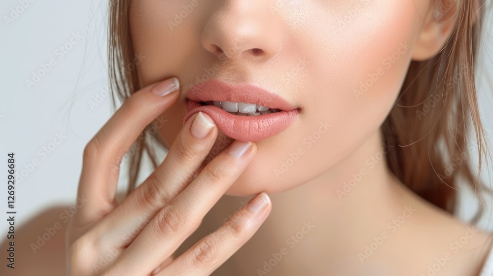 Close-up of a woman gently touching her lips, showcasing beauty and skincare, with a soft background emphasizing her features Close-up of a woman gently touching her lips, showcasing beauty and skincare, with a soft background emphasizing her features