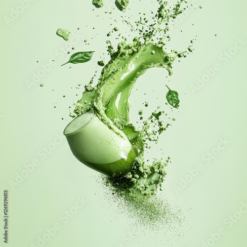 Splashing Matcha Powder and Green Tea Liquid on Soft Green Background