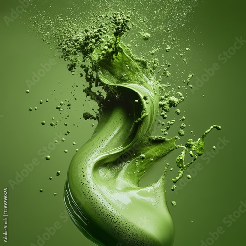 Green Matcha Powder Splash in Liquid Form Against Vibrant Background