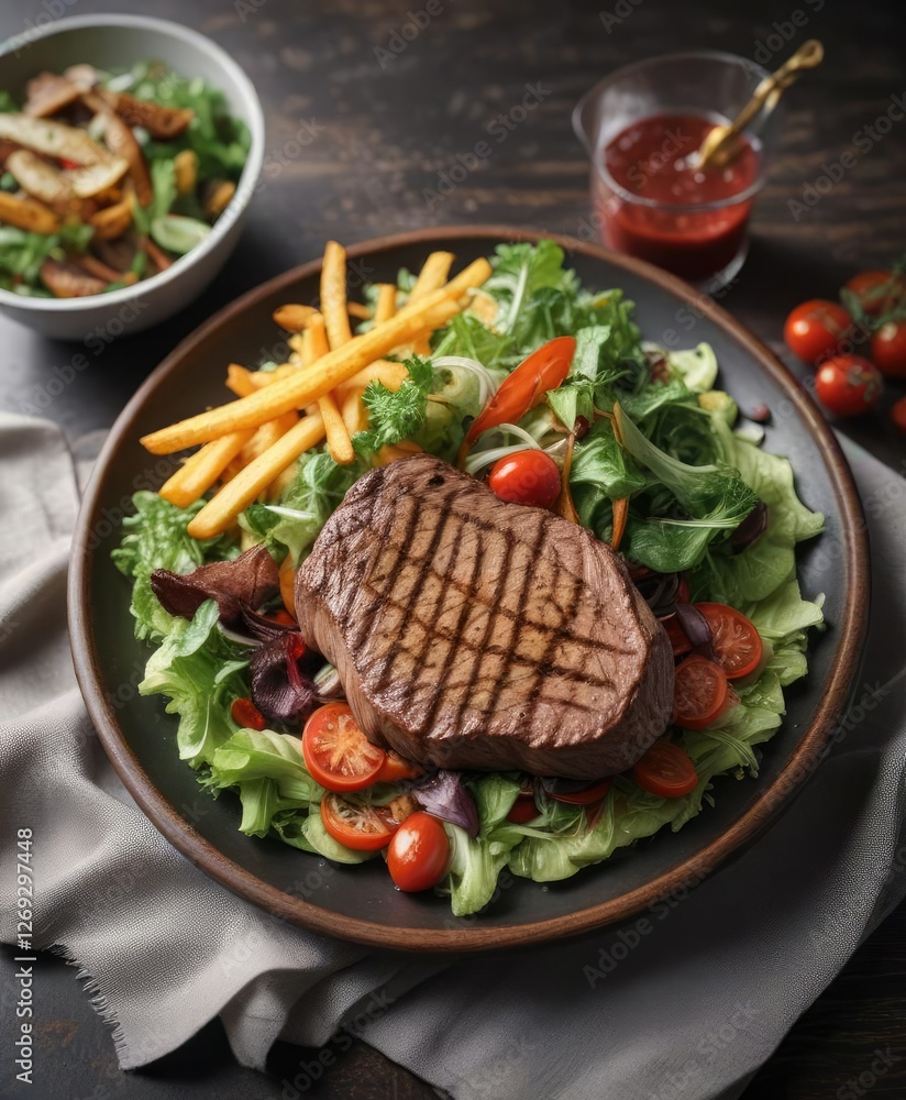 Steak fillet served on a bed of crispy fries and fresh mixed greens salad , healthy sides, crispy fries, light salad Steak fillet served on a bed of crispy fries and fresh mixed greens salad , healthy sides, crispy fries, light salad