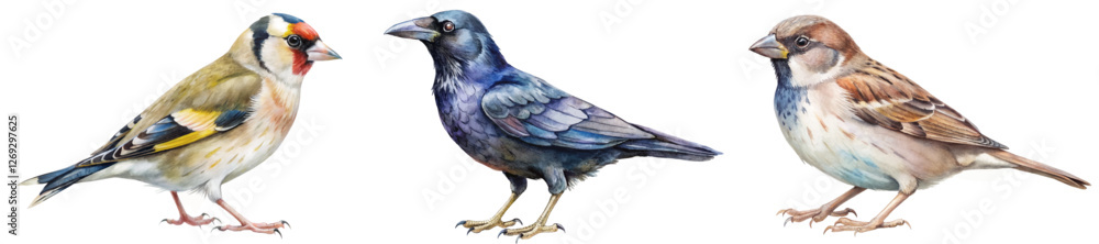 Fototapeta premium Colorful bird illustrations, detailed watercolor style, nature art, wildlife depiction, artistic representation, avian species.