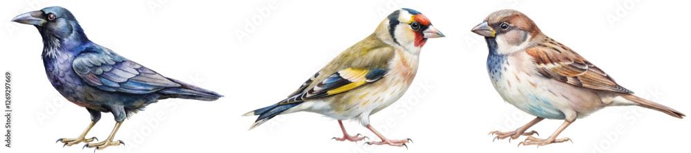 Fototapeta premium Colorful bird illustrations, detailed watercolor style, nature art, avian diversity, educational purpose, wildlife representation.