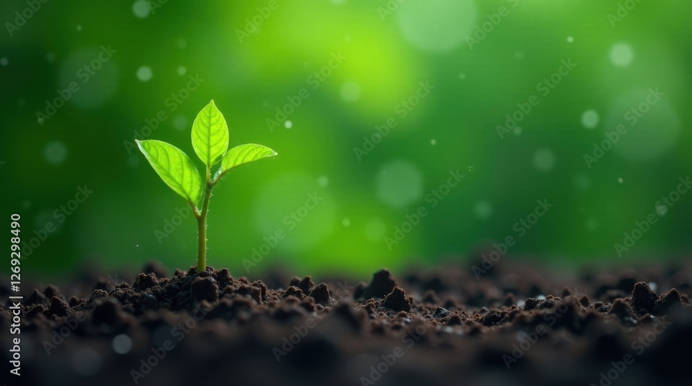 Naklejka premium A Tiny Sprout Emerges, Reaching for Sunlight in Rich Earth, Symbolizing Growth and Renewal