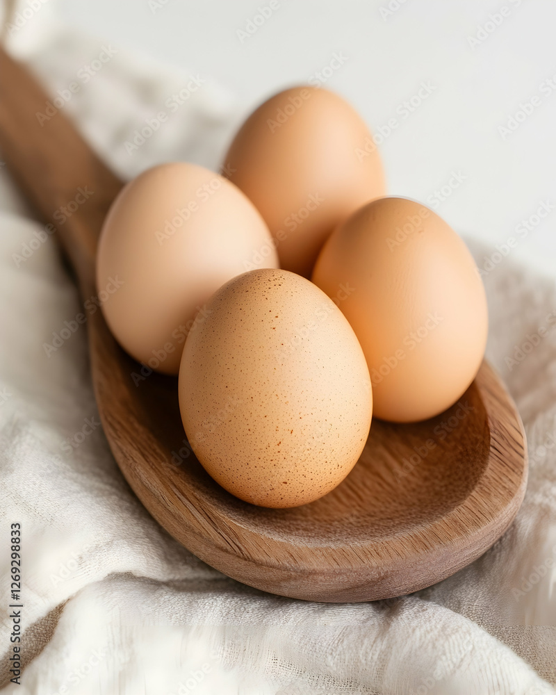 Fresh Eggs in Wooden Spoon on Linen Cloth Fresh Eggs in Wooden Spoon on Linen Cloth