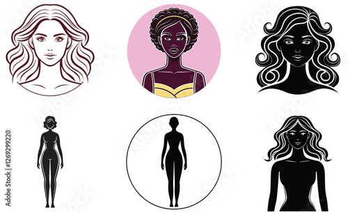 Elegant Female Silhouette with Wavy Hair Stylish Black and White Vector Illustration