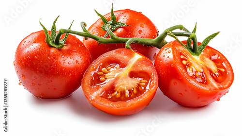 Fresh Tomatoes, Whole and Sliced, Isolated, Studio Shot. Possible use for food packaging or recipe illustrations photo