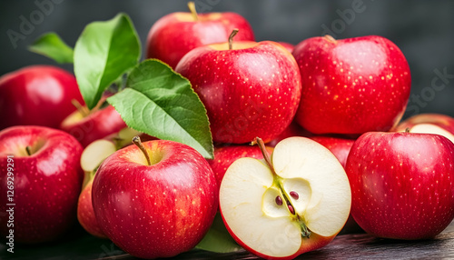 Fresh red apples, pile and slices on dark wood.  Use Food product advertisement photo