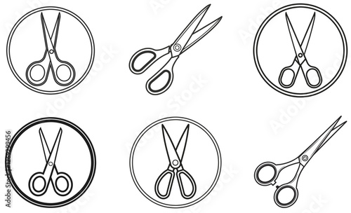 Scissors Icon Set Outline Vector Illustrations of Cutting Tools for Hairdressing, Sewing, Craft, and Office Use