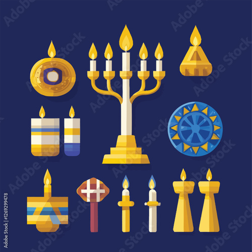 Traditional Hanukkah symbols including a menorah, dreidel, and candles.