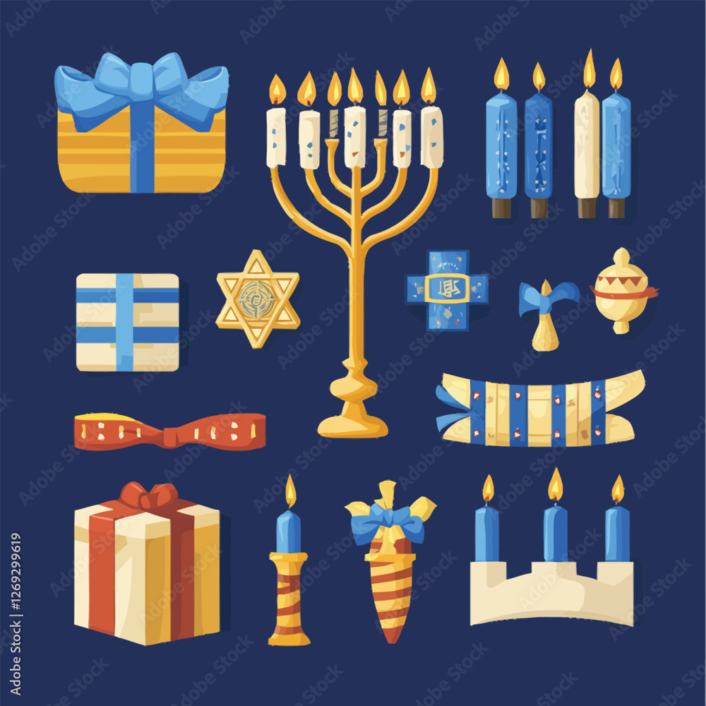 Traditional Hanukkah symbols including a menorah, dreidel, and candles. Traditional Hanukkah symbols including a menorah, dreidel, and candles.