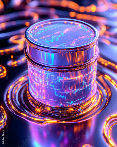 Futuristic metallic cylinder with glowing data;  abstract background;  possible use in technology, design, or innovation stock photography photo