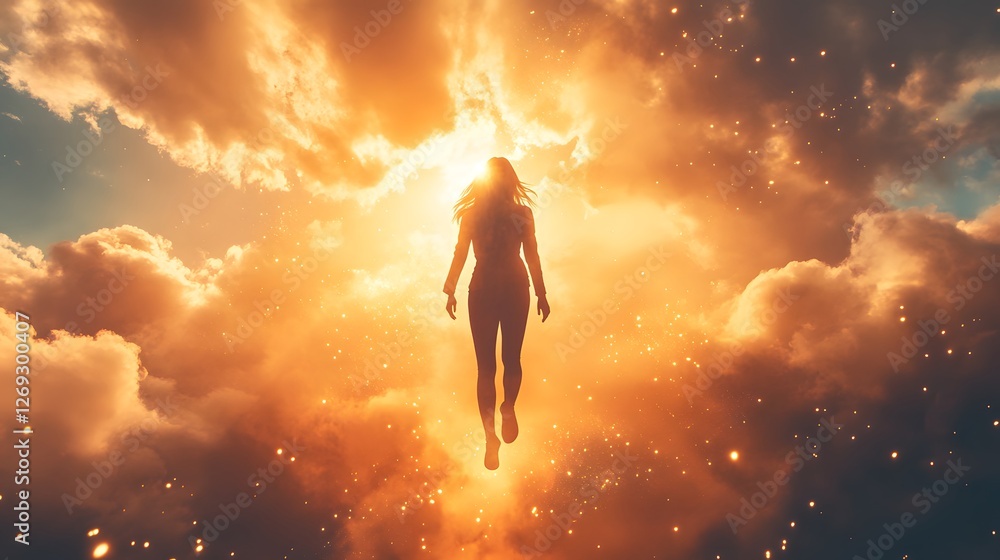 Ethereal Woman Ascending into Bright Cosmic Light and Clouds Ethereal Woman Ascending into Bright Cosmic Light and Clouds