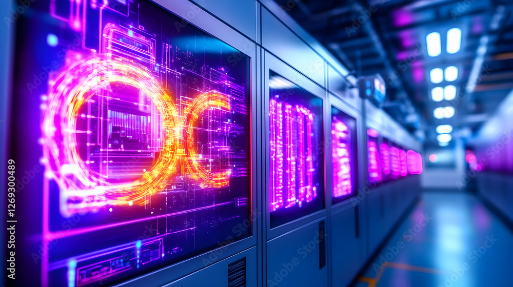 Fototapeta premium Futuristic server room display, glowing data circuit