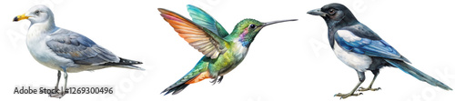 Colorful bird illustrations, detailed wildlife art, nature-inspired design, educational purposes, vibrant feathers, avian species diversity.