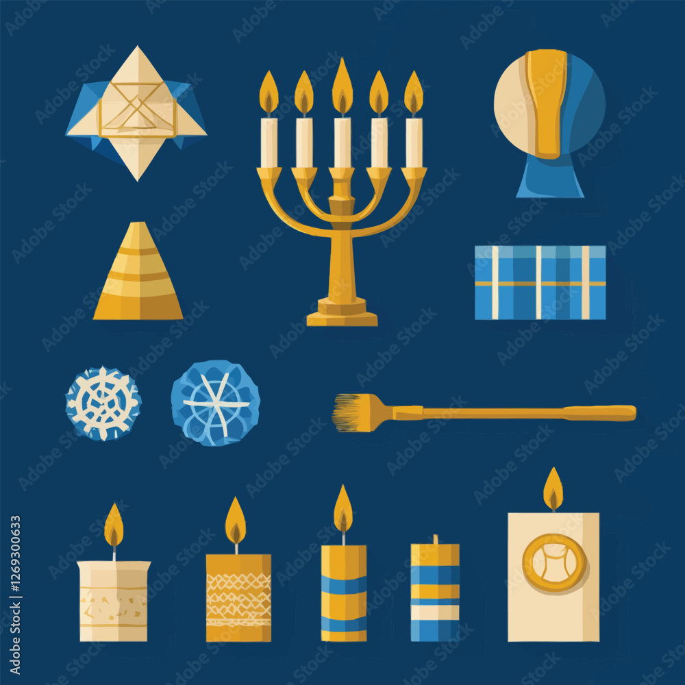 Fototapeta premium Traditional Hanukkah symbols including a menorah, dreidel, and candles.