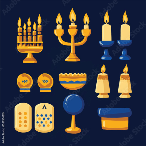 Traditional Hanukkah symbols including a menorah, dreidel, and candles.