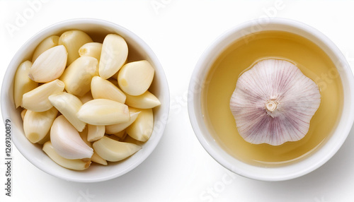 fresh chopped garlic on white bowl isolated on white background top view