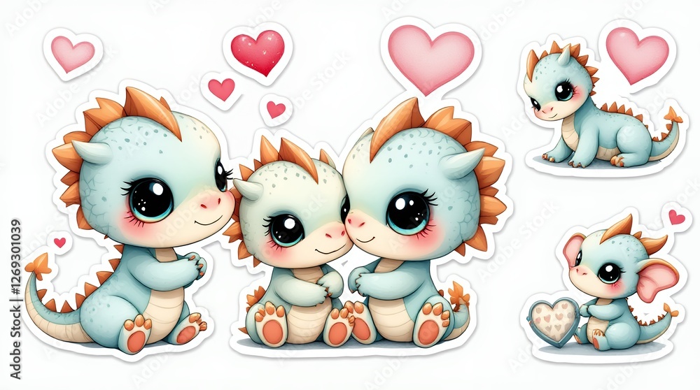 Fototapeta premium Adorable cartoon baby dragons celebrate valentine s day with love