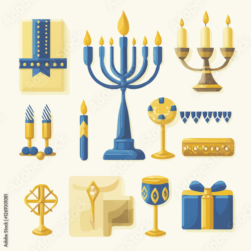Traditional Hanukkah symbols including a menorah, dreidel, and candles.