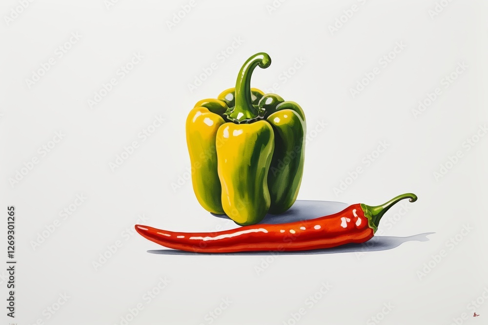 painting of a red and green pepper next to a yellow pepper painting of a red and green pepper next to a yellow pepper