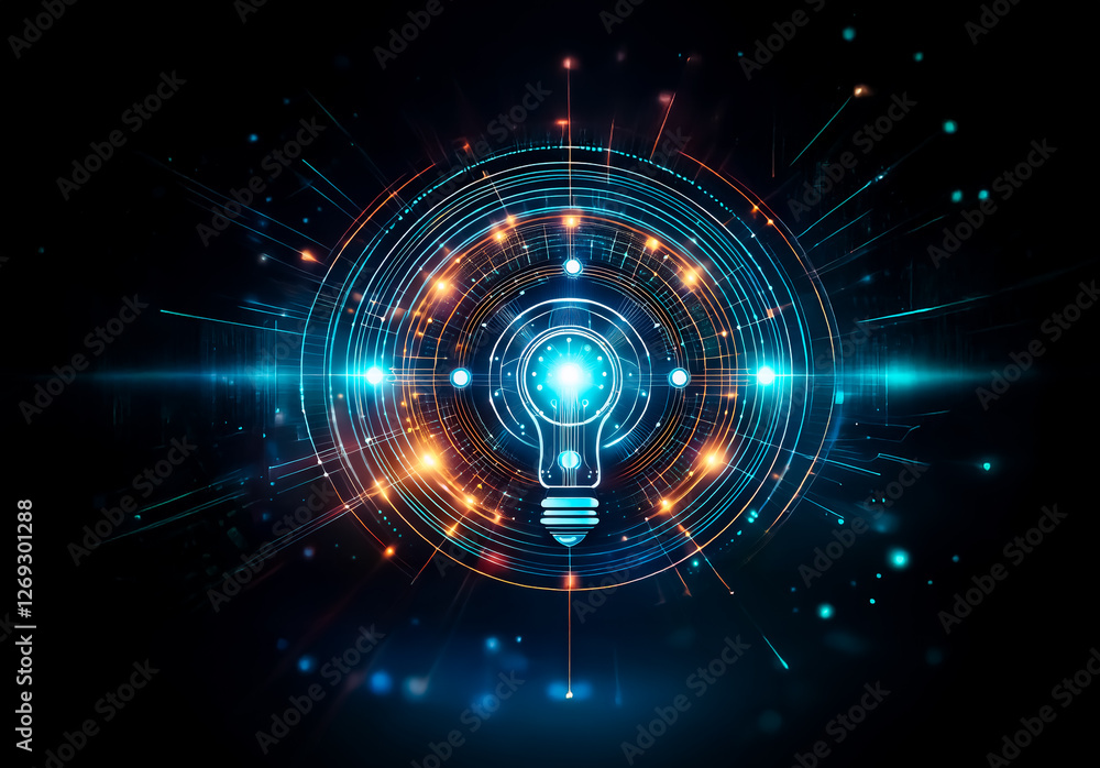 Obraz premium Abstract digital artwork displays a central glowing lightbulb surrounded by circular layers with radiating blue and orange light rays and sparkles.