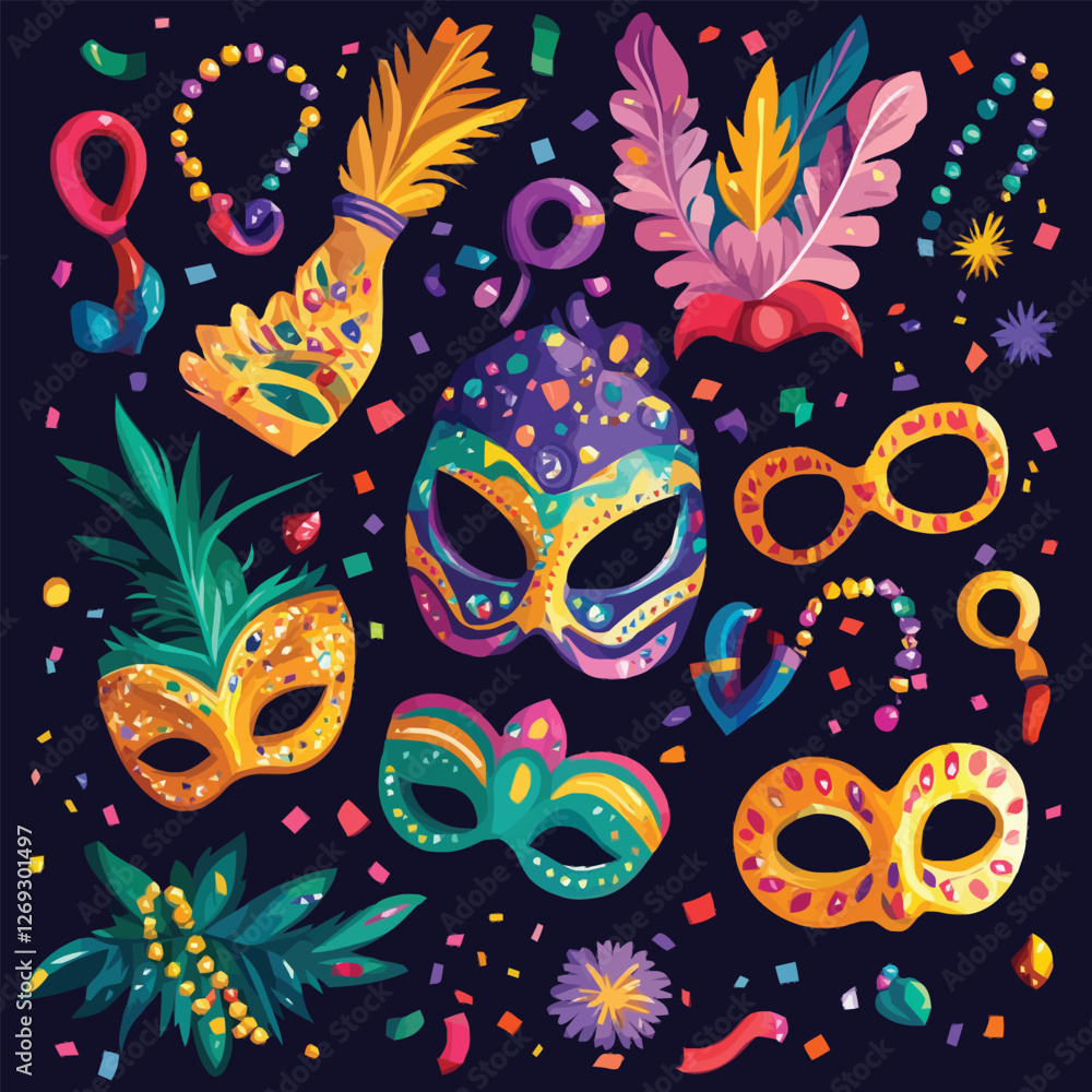 Vibrant Mardi Gras collection with masks, beads, and confetti. Vibrant Mardi Gras collection with masks, beads, and confetti.