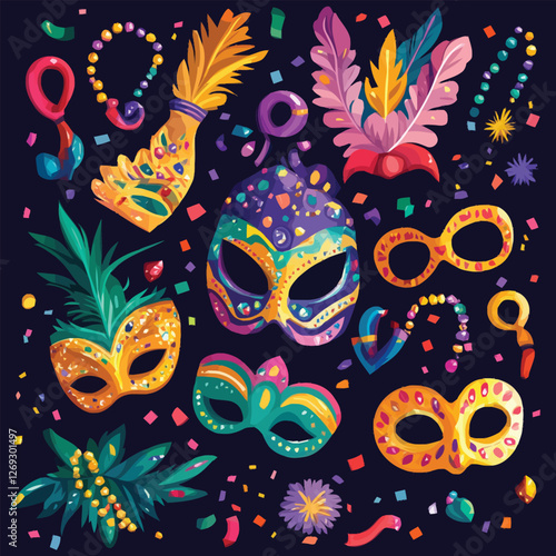 Vibrant Mardi Gras collection with masks, beads, and confetti.