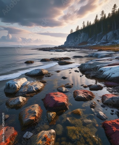 The rugged shoreline of the White Sea in Kandalaksha Murmansk region during low tide , nature, kola peninsula