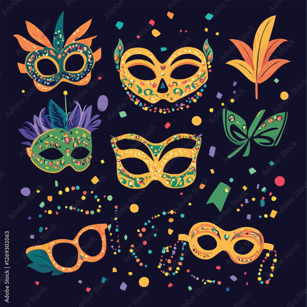 Vibrant Mardi Gras collection with masks, beads, and confetti. Vibrant Mardi Gras collection with masks, beads, and confetti.